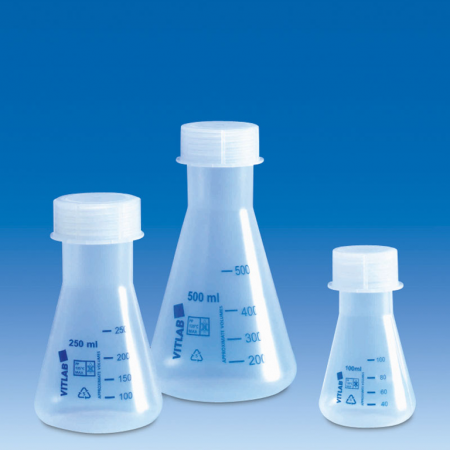 Колба коническая, 1000 мл, с навинч. крышкой, синяя шкала, полипропилен, VITLAB - Под заказ